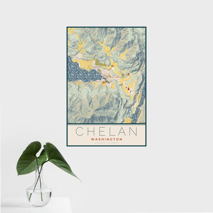 16x24 Chelan Washington Map Print Portrait Orientation in Woodblock Style With Tropical Plant Leaves in Water