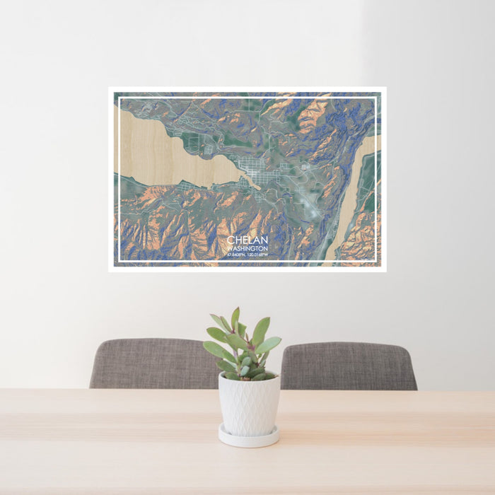 24x36 Chelan Washington Map Print Lanscape Orientation in Afternoon Style Behind 2 Chairs Table and Potted Plant