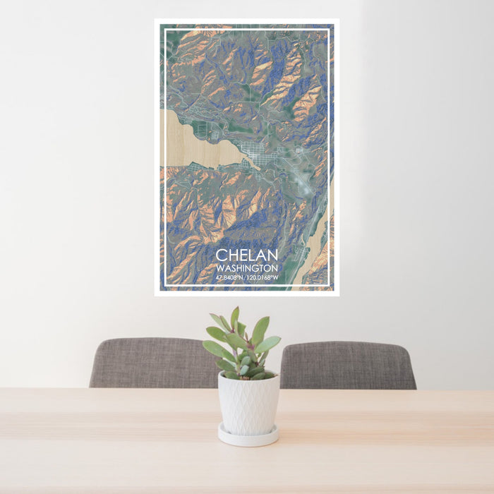 24x36 Chelan Washington Map Print Portrait Orientation in Afternoon Style Behind 2 Chairs Table and Potted Plant