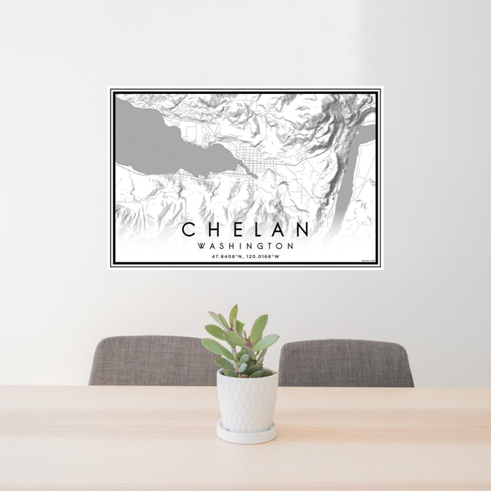 24x36 Chelan Washington Map Print Lanscape Orientation in Classic Style Behind 2 Chairs Table and Potted Plant