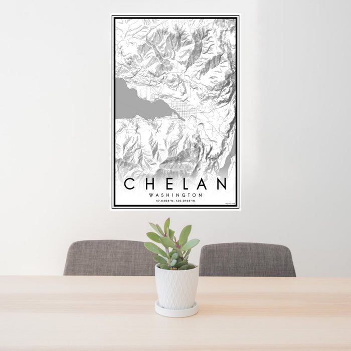 24x36 Chelan Washington Map Print Portrait Orientation in Classic Style Behind 2 Chairs Table and Potted Plant