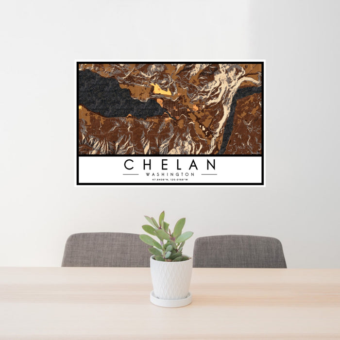 24x36 Chelan Washington Map Print Lanscape Orientation in Ember Style Behind 2 Chairs Table and Potted Plant