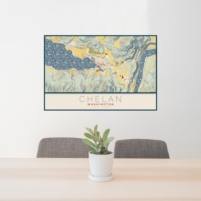 24x36 Chelan Washington Map Print Lanscape Orientation in Woodblock Style Behind 2 Chairs Table and Potted Plant