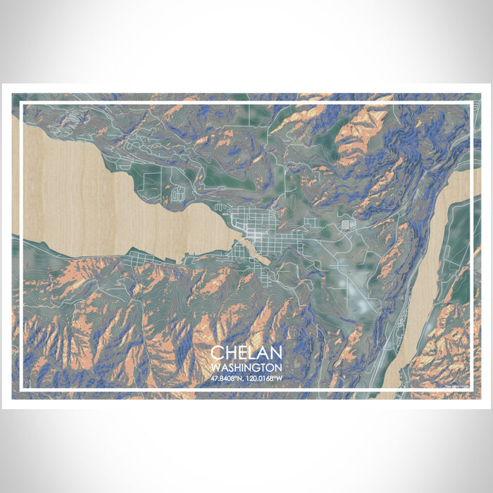 Chelan Washington Map Print Landscape Orientation in Afternoon Style With Shaded Background