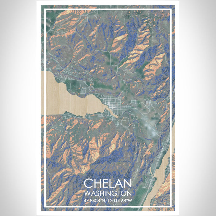 Chelan Washington Map Print Portrait Orientation in Afternoon Style With Shaded Background