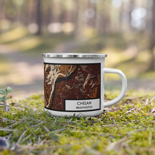 Right View Custom Chelan Washington Map Enamel Mug in Ember on Grass With Trees in Background