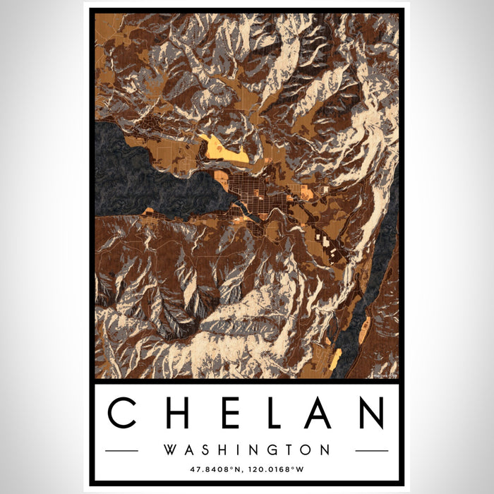 Chelan Washington Map Print Portrait Orientation in Ember Style With Shaded Background