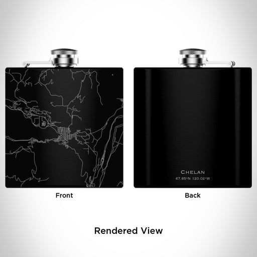 Rendered View of Chelan Washington Map Engraving on 6oz Stainless Steel Flask in Black