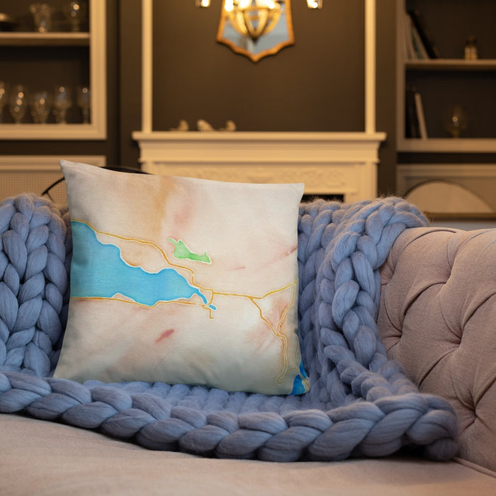 Custom Chelan Washington Map Throw Pillow in Watercolor on Cream Colored Couch