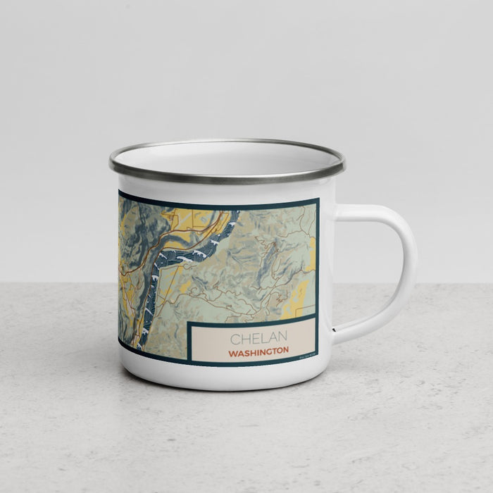 Right View Custom Chelan Washington Map Enamel Mug in Woodblock