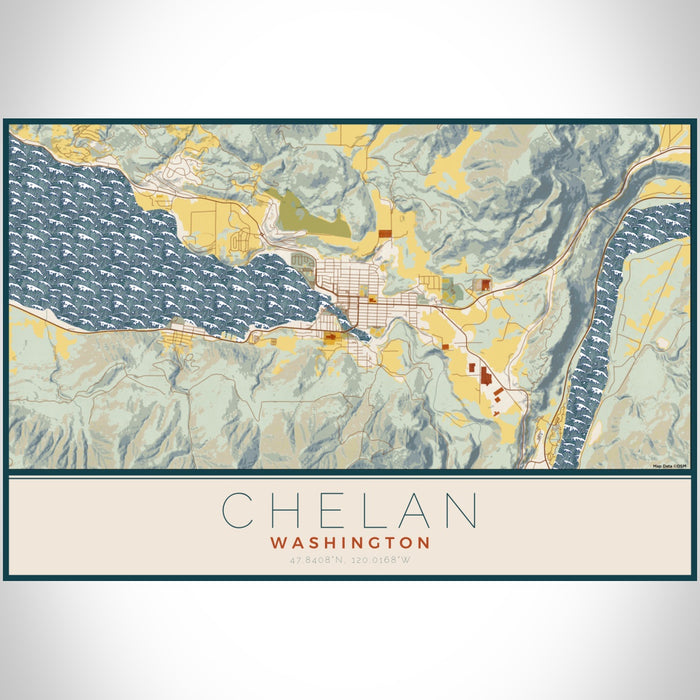 Chelan Washington Map Print Landscape Orientation in Woodblock Style With Shaded Background