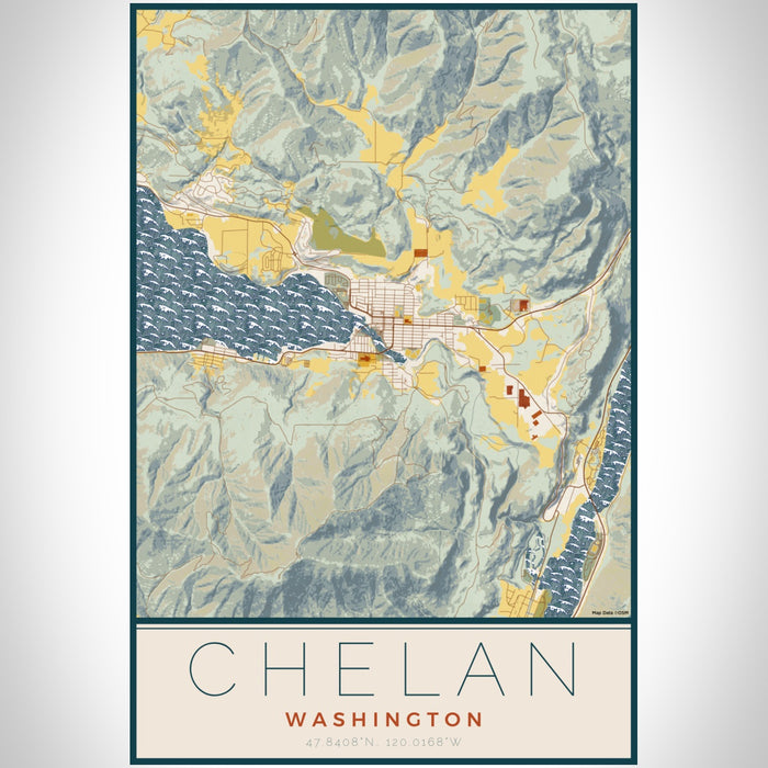 Chelan Washington Map Print Portrait Orientation in Woodblock Style With Shaded Background