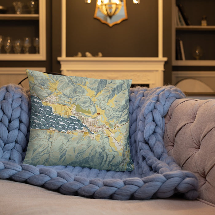 Custom Chelan Washington Map Throw Pillow in Woodblock on Cream Colored Couch