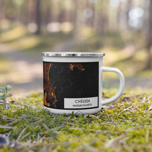 Right View Custom Chelsea Massachusetts Map Enamel Mug in Ember on Grass With Trees in Background