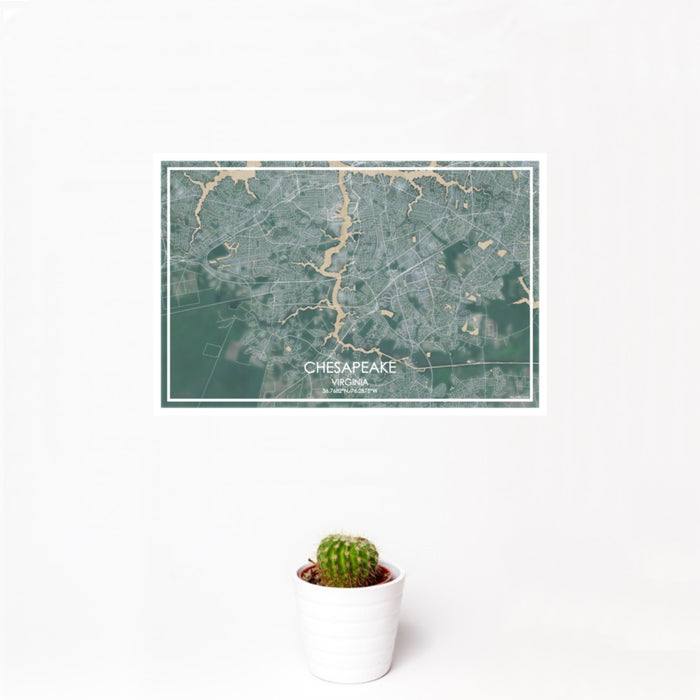 12x18 Chesapeake Virginia Map Print Landscape Orientation in Afternoon Style With Small Cactus Plant in White Planter