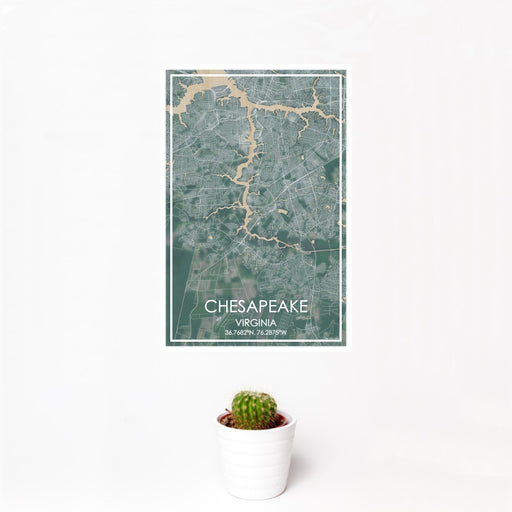 12x18 Chesapeake Virginia Map Print Portrait Orientation in Afternoon Style With Small Cactus Plant in White Planter