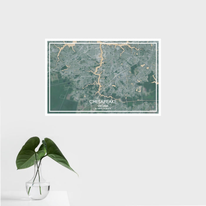 16x24 Chesapeake Virginia Map Print Landscape Orientation in Afternoon Style With Tropical Plant Leaves in Water