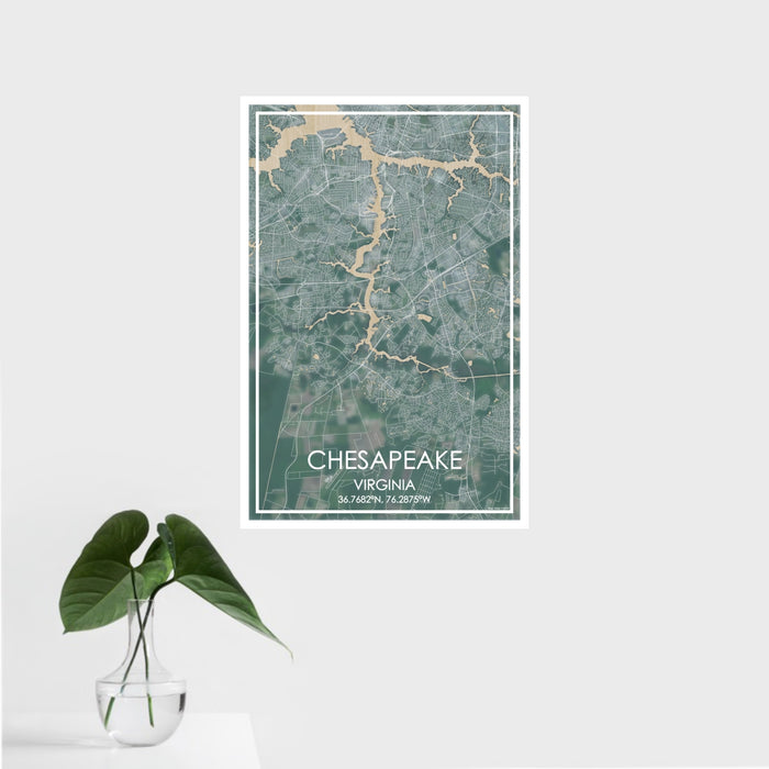 16x24 Chesapeake Virginia Map Print Portrait Orientation in Afternoon Style With Tropical Plant Leaves in Water