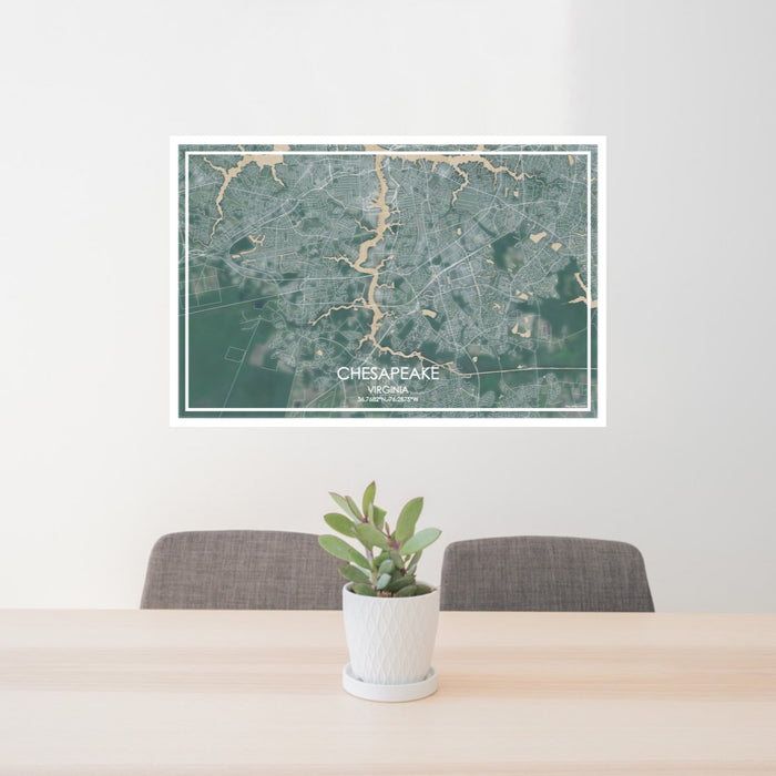 24x36 Chesapeake Virginia Map Print Lanscape Orientation in Afternoon Style Behind 2 Chairs Table and Potted Plant