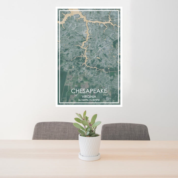 24x36 Chesapeake Virginia Map Print Portrait Orientation in Afternoon Style Behind 2 Chairs Table and Potted Plant