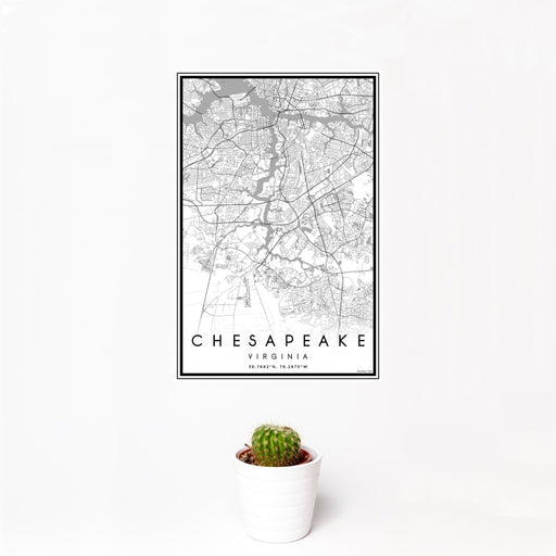 12x18 Chesapeake Virginia Map Print Portrait Orientation in Classic Style With Small Cactus Plant in White Planter