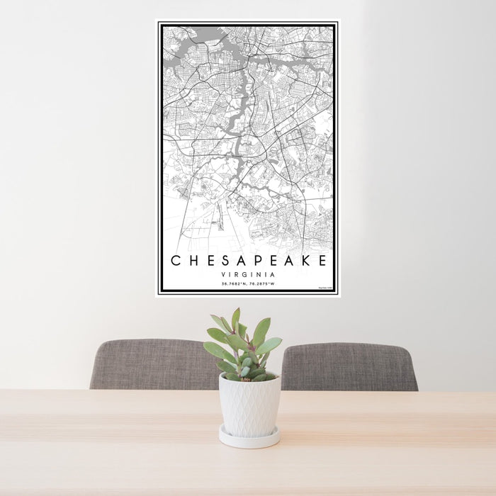 24x36 Chesapeake Virginia Map Print Portrait Orientation in Classic Style Behind 2 Chairs Table and Potted Plant