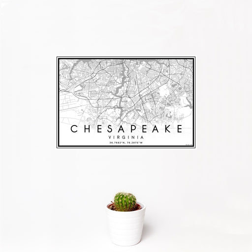 12x18 Chesapeake Virginia Map Print Landscape Orientation in Classic Style With Small Cactus Plant in White Planter