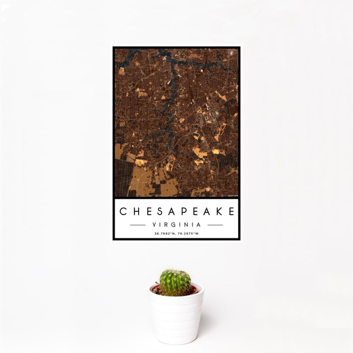 12x18 Chesapeake Virginia Map Print Portrait Orientation in Ember Style With Small Cactus Plant in White Planter