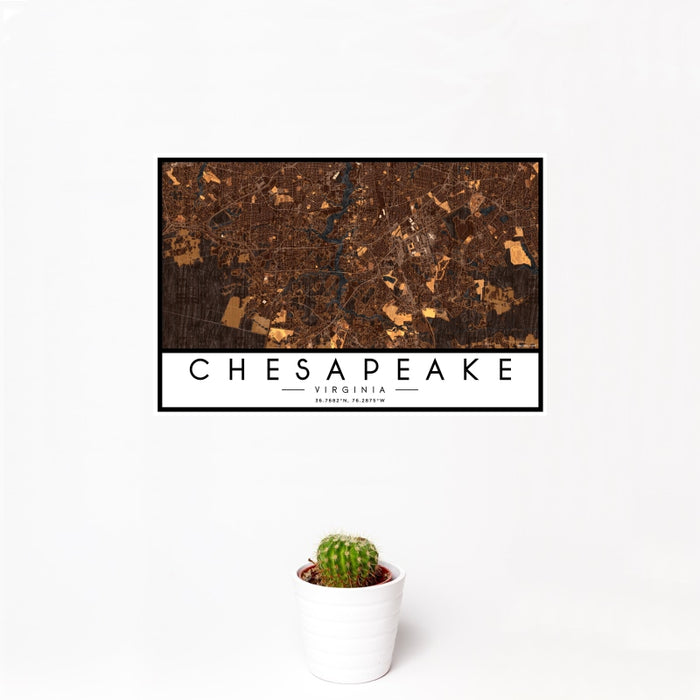 12x18 Chesapeake Virginia Map Print Landscape Orientation in Ember Style With Small Cactus Plant in White Planter