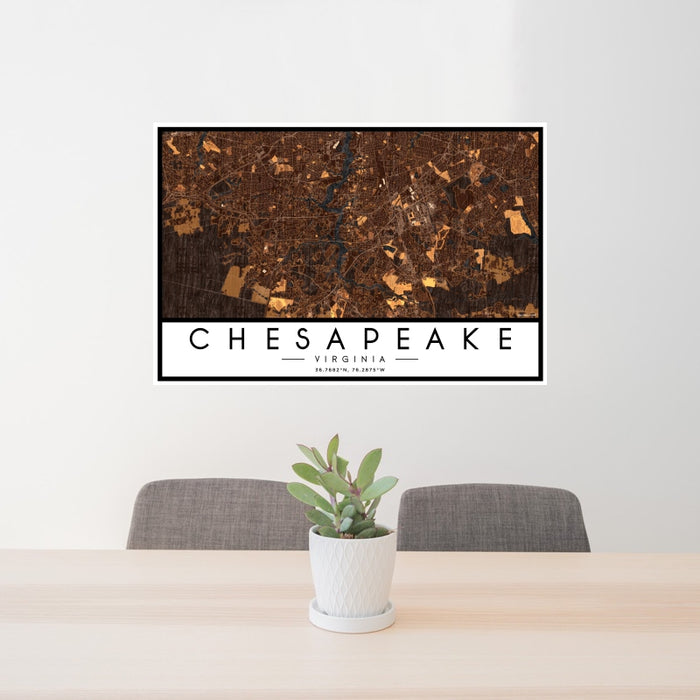 24x36 Chesapeake Virginia Map Print Landscape Orientation in Ember Style Behind 2 Chairs Table and Potted Plant