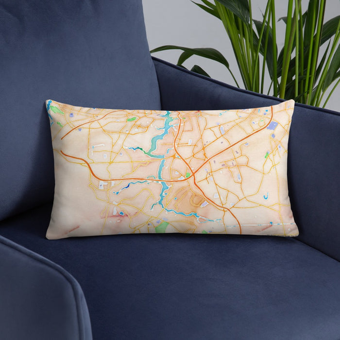 Custom Chesapeake Virginia Map Throw Pillow in Watercolor on Blue Colored Chair