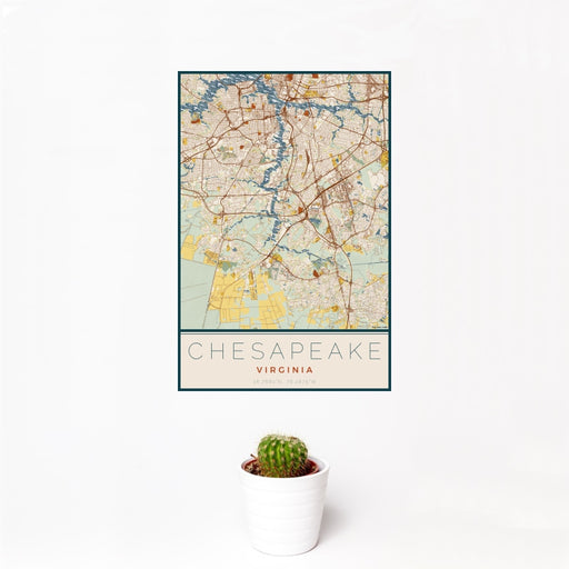12x18 Chesapeake Virginia Map Print Portrait Orientation in Woodblock Style With Small Cactus Plant in White Planter