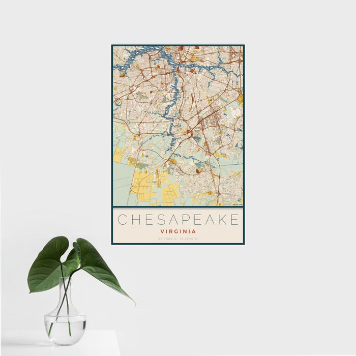 16x24 Chesapeake Virginia Map Print Portrait Orientation in Woodblock Style With Tropical Plant Leaves in Water