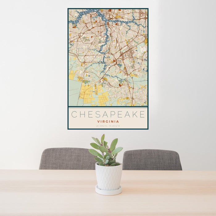 24x36 Chesapeake Virginia Map Print Portrait Orientation in Woodblock Style Behind 2 Chairs Table and Potted Plant