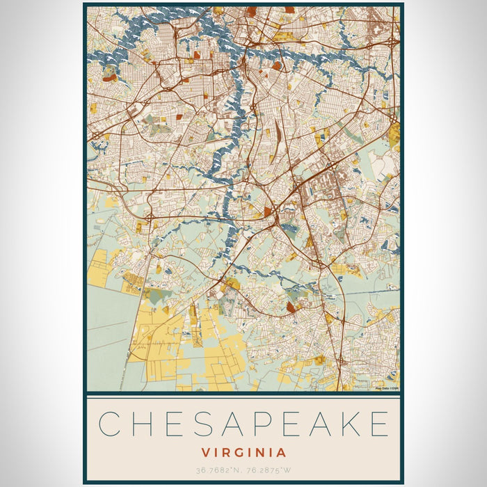 Chesapeake Virginia Map Print Portrait Orientation in Woodblock Style With Shaded Background