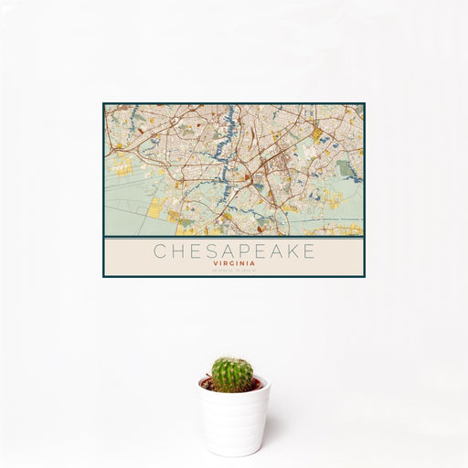 12x18 Chesapeake Virginia Map Print Landscape Orientation in Woodblock Style With Small Cactus Plant in White Planter