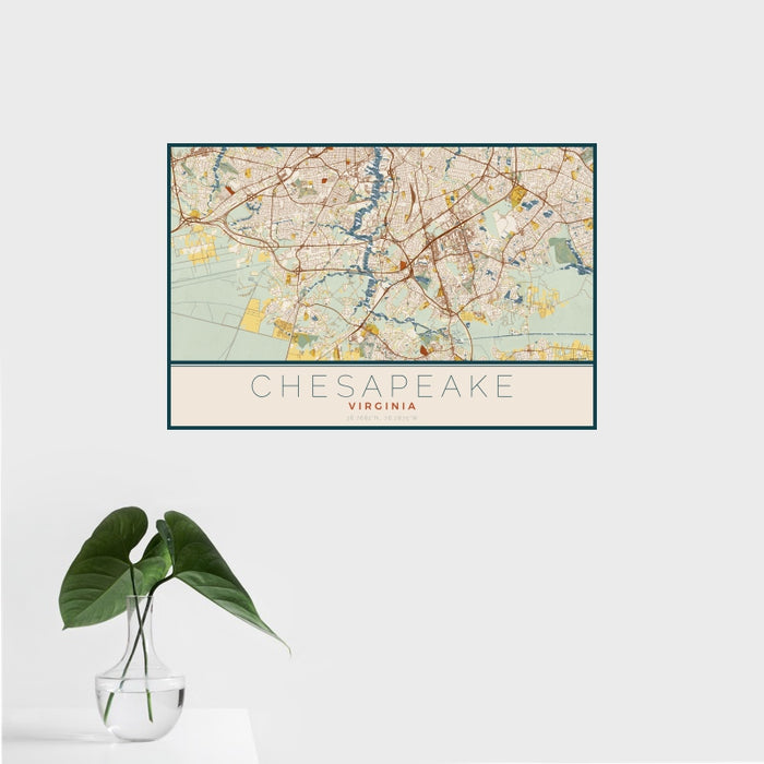 16x24 Chesapeake Virginia Map Print Landscape Orientation in Woodblock Style With Tropical Plant Leaves in Water