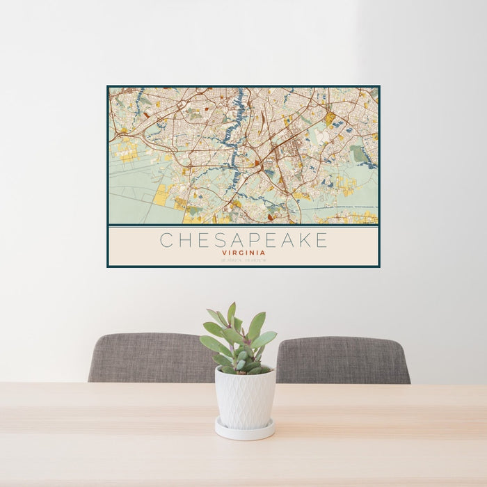 24x36 Chesapeake Virginia Map Print Landscape Orientation in Woodblock Style Behind 2 Chairs Table and Potted Plant