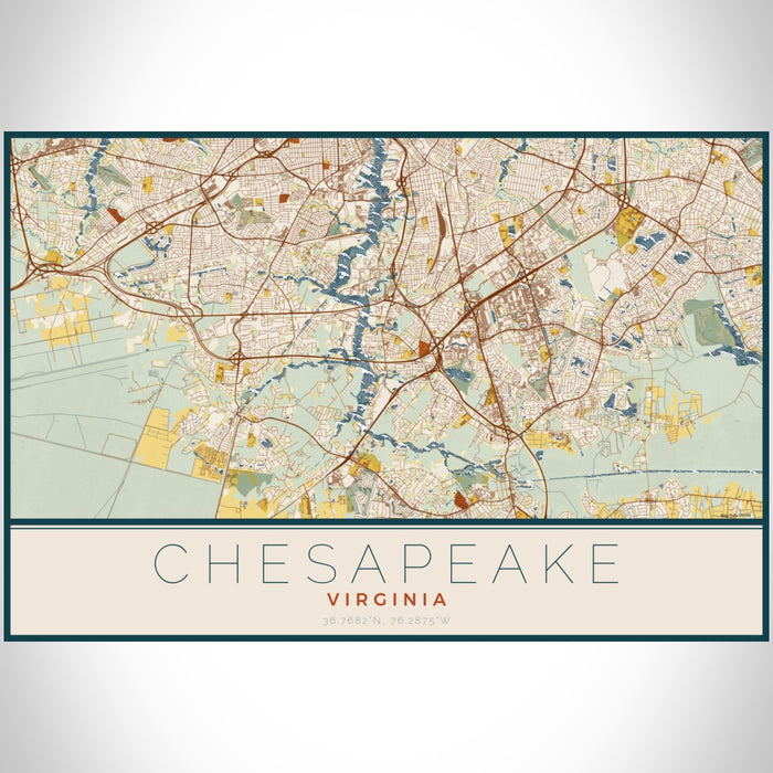 Chesapeake Virginia Map Print Landscape Orientation in Woodblock Style With Shaded Background