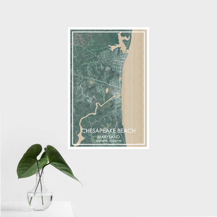 16x24 Chesapeake Beach Maryland Map Print Portrait Orientation in Afternoon Style With Tropical Plant Leaves in Water