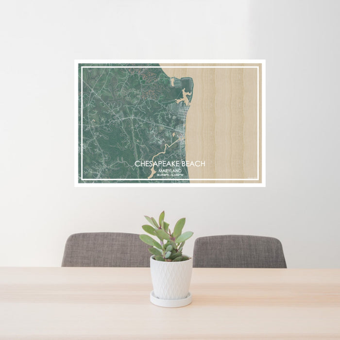 24x36 Chesapeake Beach Maryland Map Print Lanscape Orientation in Afternoon Style Behind 2 Chairs Table and Potted Plant