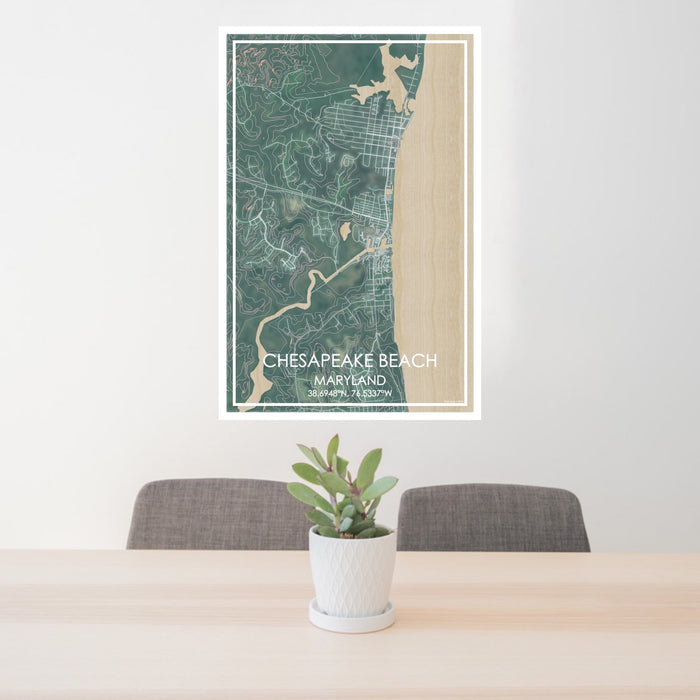 24x36 Chesapeake Beach Maryland Map Print Portrait Orientation in Afternoon Style Behind 2 Chairs Table and Potted Plant