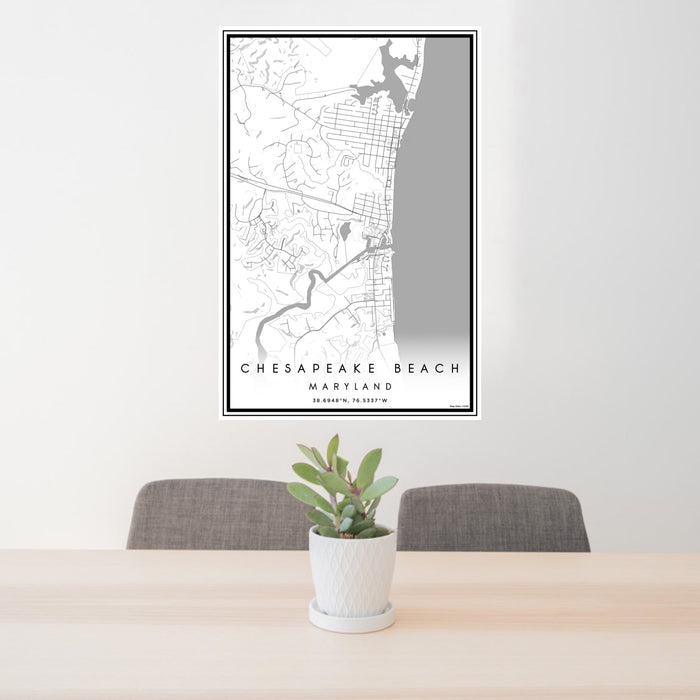 24x36 Chesapeake Beach Maryland Map Print Portrait Orientation in Classic Style Behind 2 Chairs Table and Potted Plant
