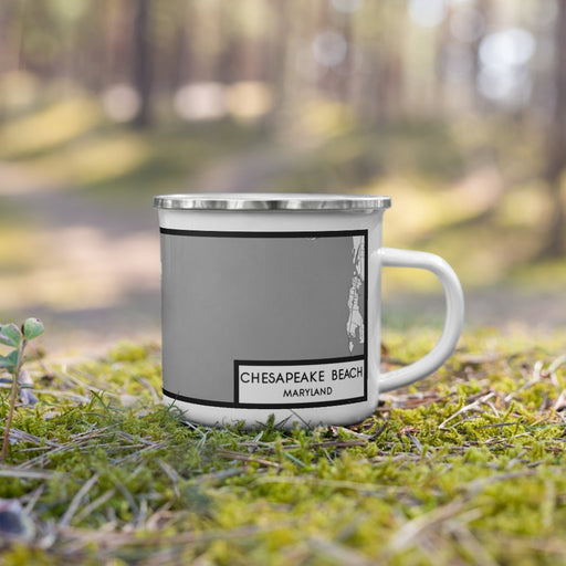 Right View Custom Chesapeake Beach Maryland Map Enamel Mug in Classic on Grass With Trees in Background