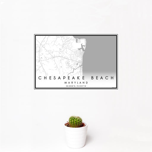 12x18 Chesapeake Beach Maryland Map Print Landscape Orientation in Classic Style With Small Cactus Plant in White Planter