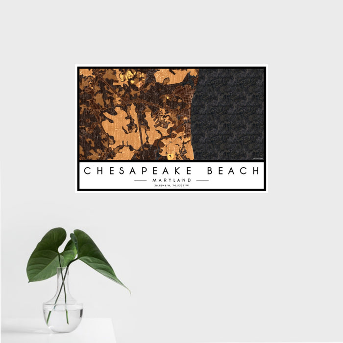 16x24 Chesapeake Beach Maryland Map Print Landscape Orientation in Ember Style With Tropical Plant Leaves in Water