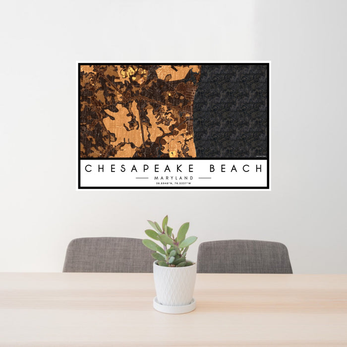 24x36 Chesapeake Beach Maryland Map Print Landscape Orientation in Ember Style Behind 2 Chairs Table and Potted Plant