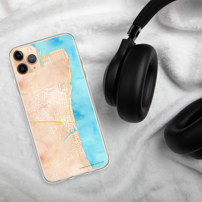Custom Chesapeake Beach Maryland Map Phone Case in Watercolor on Table with Black Headphones