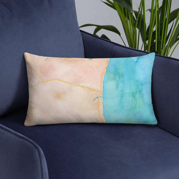 Custom Chesapeake Beach Maryland Map Throw Pillow in Watercolor on Blue Colored Chair