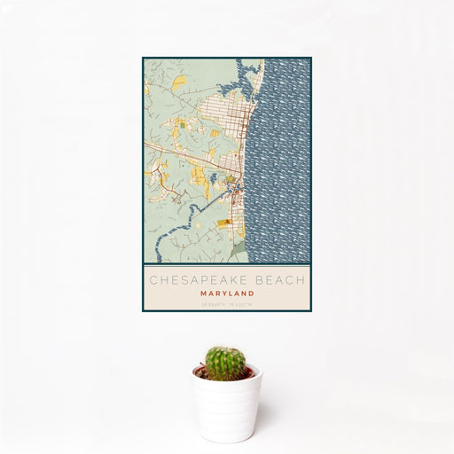 12x18 Chesapeake Beach Maryland Map Print Portrait Orientation in Woodblock Style With Small Cactus Plant in White Planter